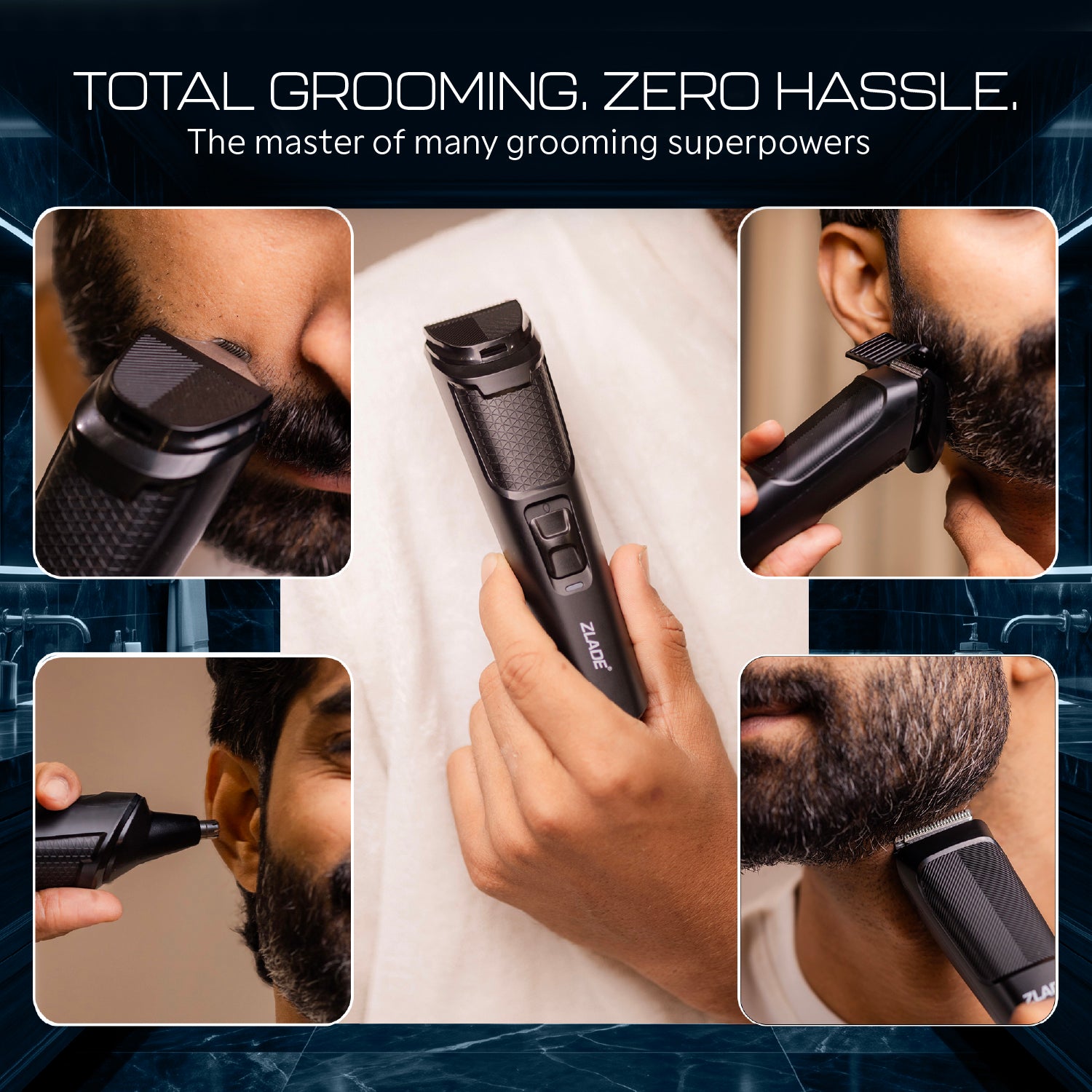 Zlade Jaws Blitz 11-in-1 All-Purpose Beard Trimmer | Men's Multigrooming Kit | 40+6 Length Settings | 3 Interchangeable Heads | Convenient USB-C Charging - Beard Trimmer - ZLADE