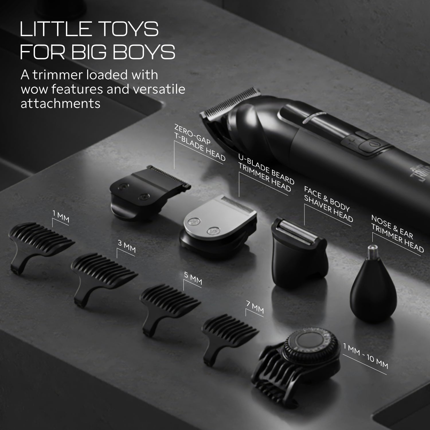 Zlade Jaws Alpha Rechargeable All-in-One Beard Trimmer | 4 Interchangeable Heads | 19+4 Length Settings | IPX-7 Waterproof