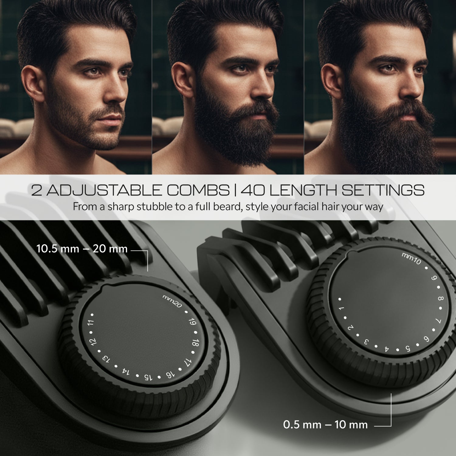 Zlade Jaws Blitz Rechargeable All-Purpose Beard Trimmer | 40 Length Settings | 3 Interchangeable Heads