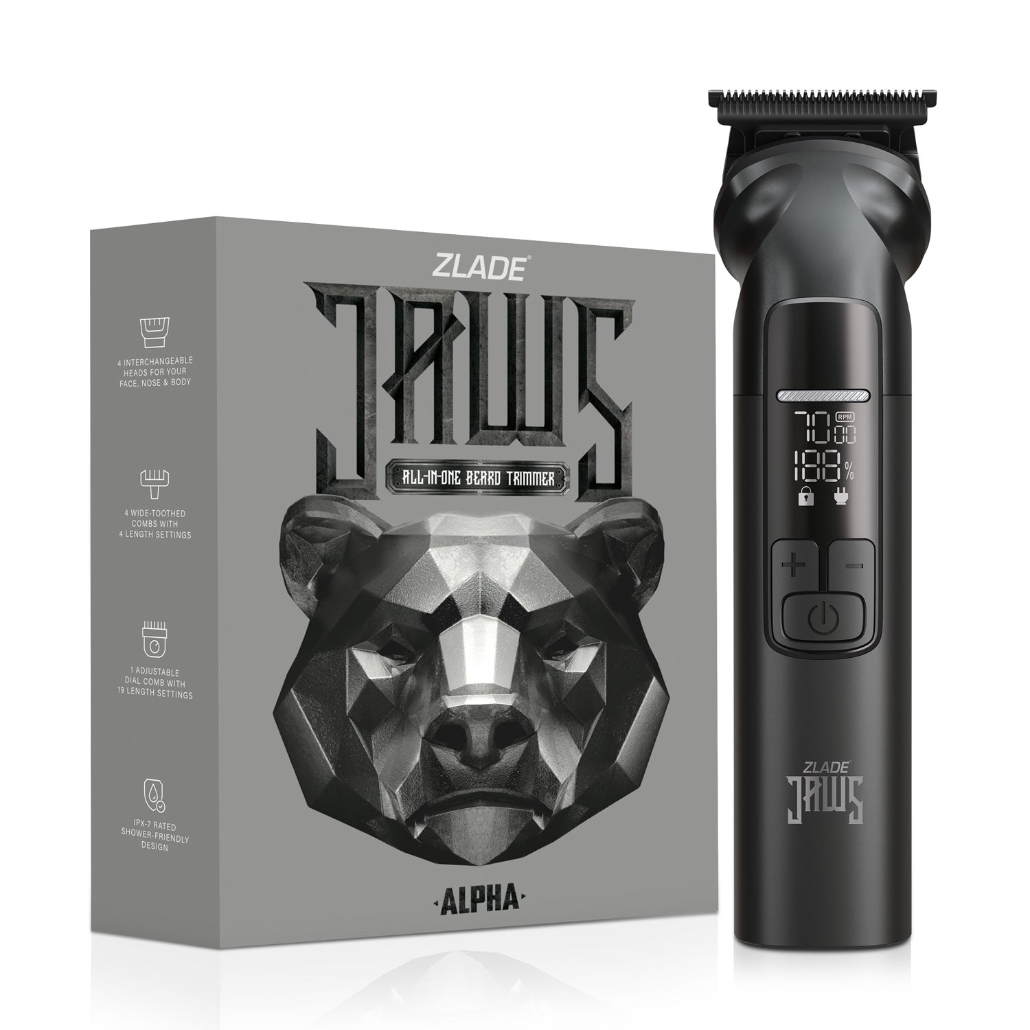 Zlade Jaws Alpha Rechargeable All-in-One Beard Trimmer | 4 Interchangeable Heads | 19+4 Length Settings | IPX-7 Waterproof