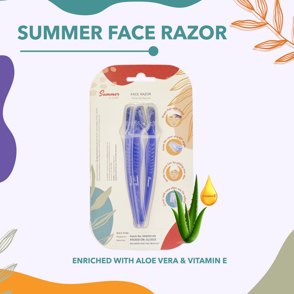 Summer by Zlade Face and Eyebrow Razor for Women, Painless Facial Hair Removal at Home, Pack of 3 with Protective Caps