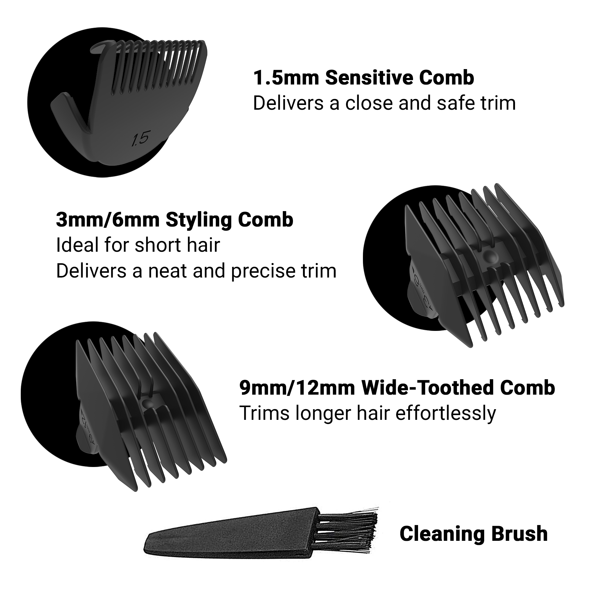 Set of 3 Guide Combs with cleaning brush for Zlade Ballistic ZW2.0 Trimmer (1.5mm, 3mm/6mm, 9mm/12mm)