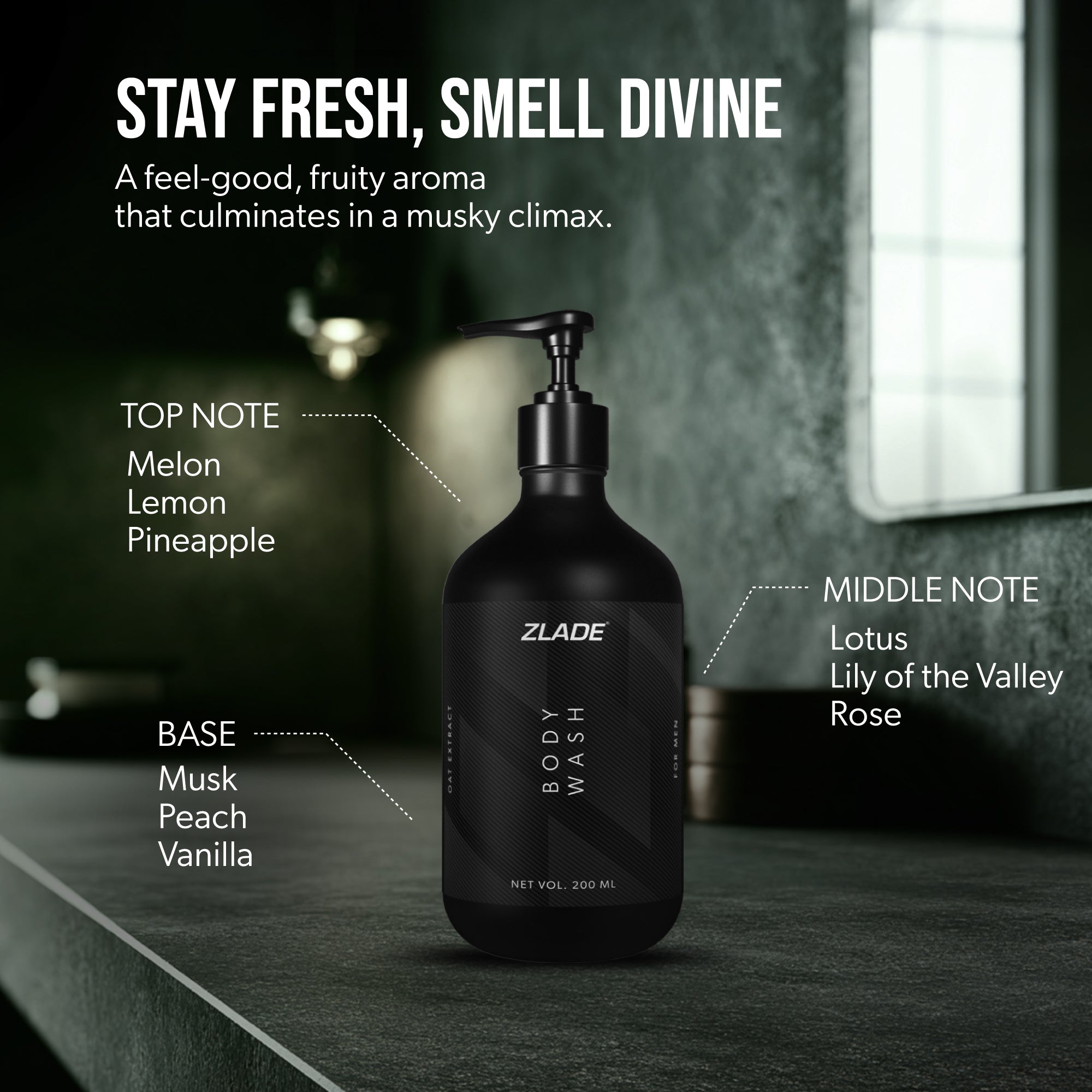 Zlade Body Wash for Men with Niacinamide & Oat Extract | Soothing & Hydrating | Sulfate-free 200 ml