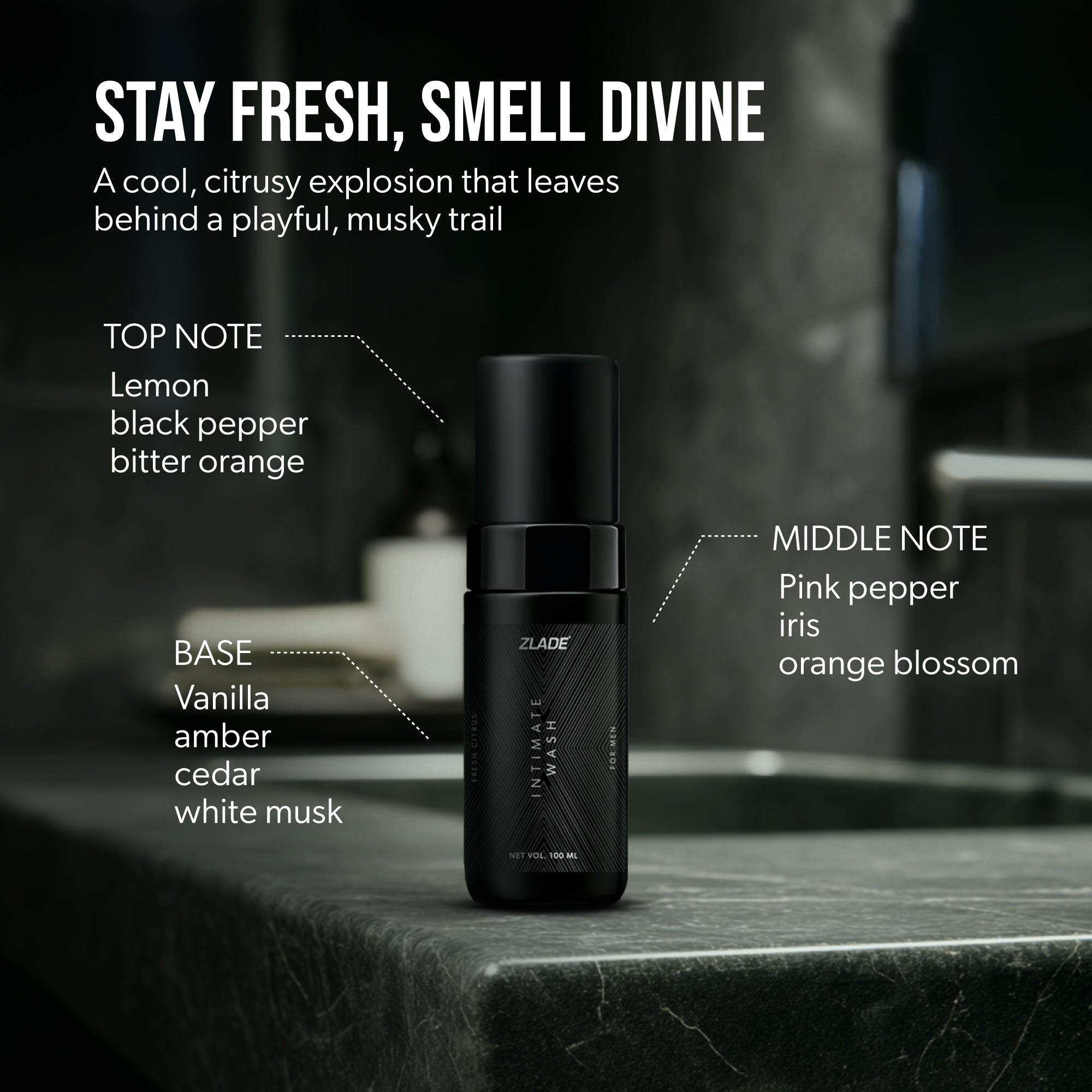 Zlade Intimate Wash for Men | Fresh Citrus Foaming Wash for Impeccable Below-the-Belt Hygiene | 100 ml