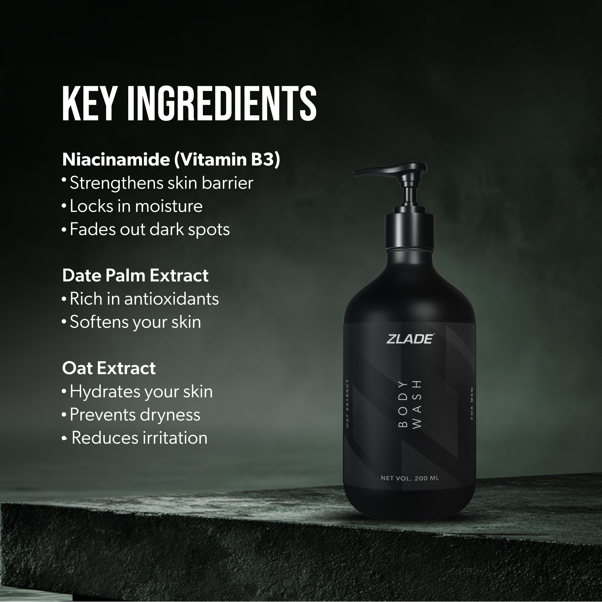 Zlade Body Wash for Men with Niacinamide & Oat Extract | Soothing & Hydrating | Sulfate-free 200 ml