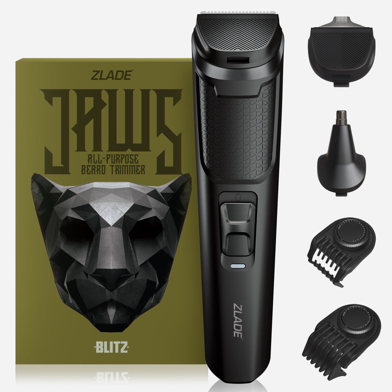 Zlade Jaws Blitz Rechargeable All-Purpose Beard Trimmer | 40 Length Settings | 3 Interchangeable Heads