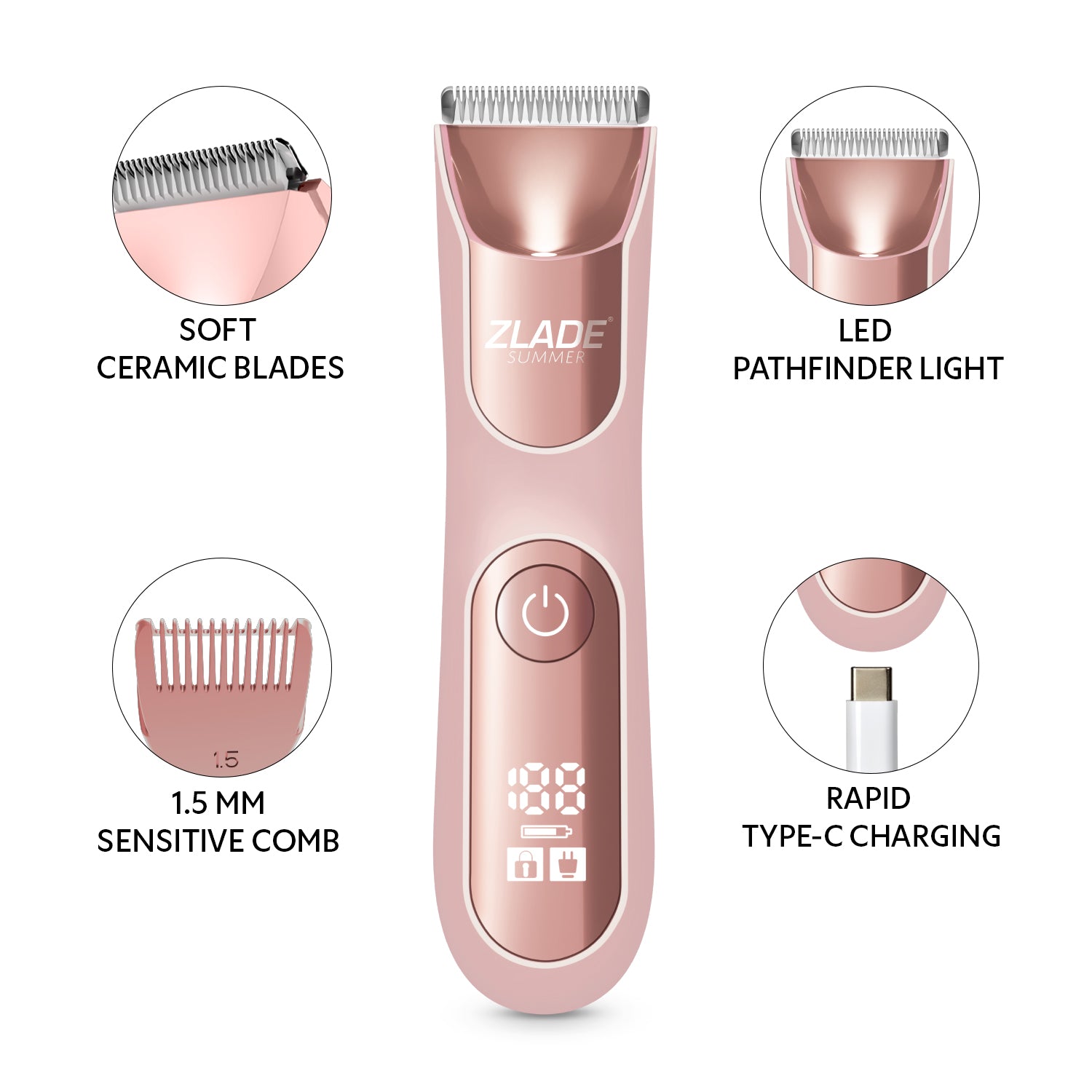 Zlade Summer Pro Intimate Body Trimmer for Women | Rechargeable | Soft Ceramic Blades | Waterproof | Digital Display