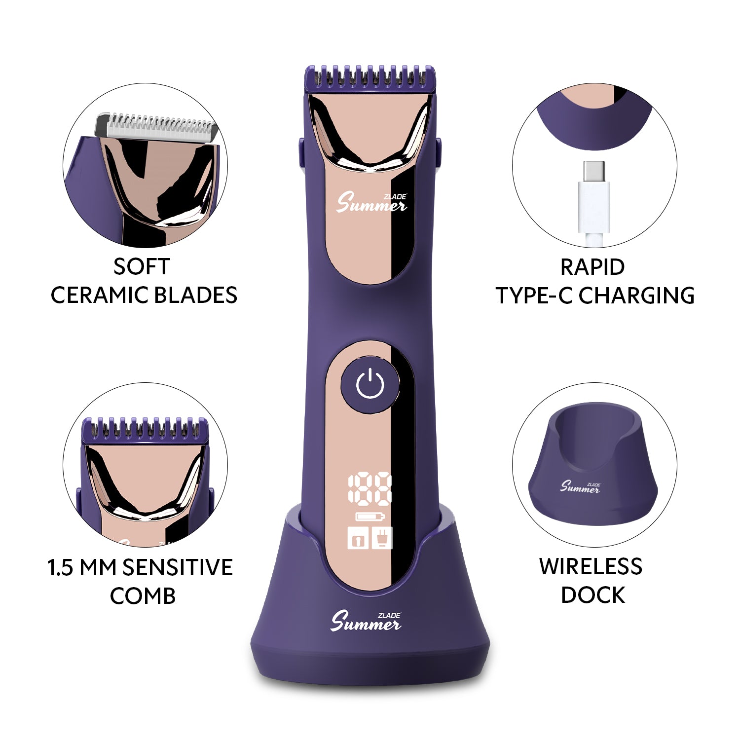 Zlade Summer Pro Intimate Body Trimmer for Women | Rechargeable | Soft Ceramic Blades | Waterproof | Digital Display