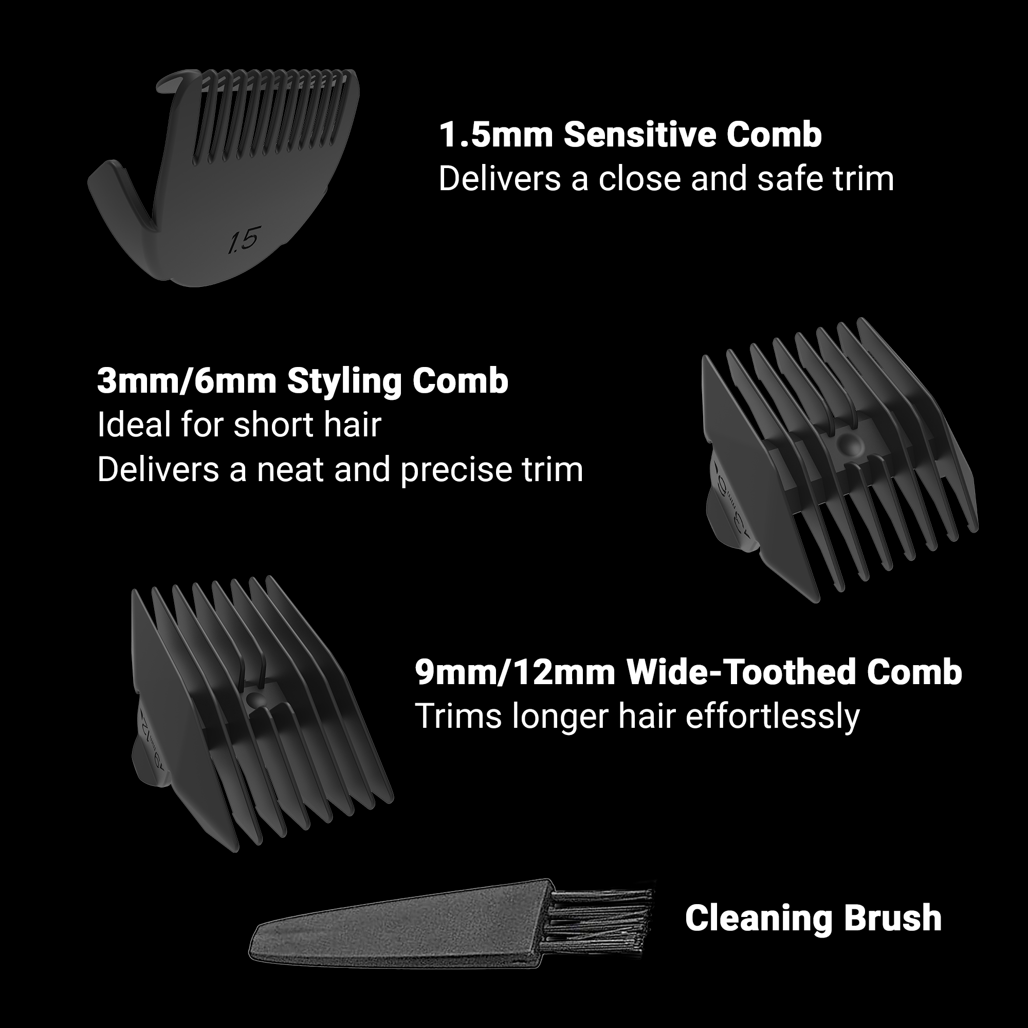 Set of 3 Guide Combs with cleaning brush for Zlade Ballistic ZW2.0 Trimmer (1.5mm, 3mm/6mm, 9mm/12mm)